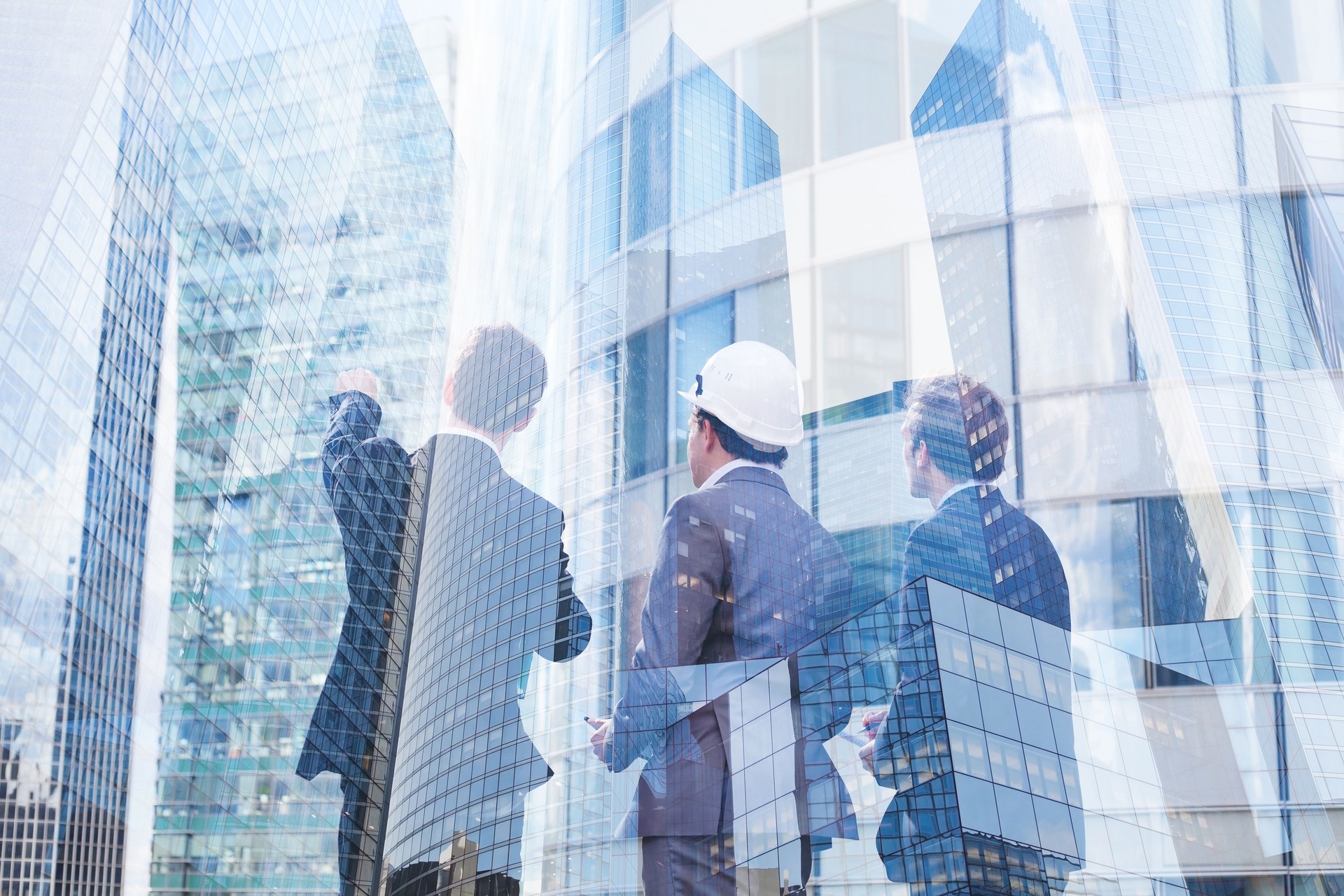 group of business people discussing real estate project, double exposure